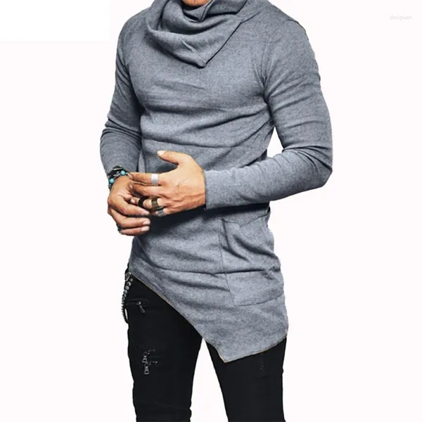 Hoodies masculinos plus size 5xl desequilíbrio hem bolso manga longa moletom para roupas masculinas outono gola alta moletom com capuz