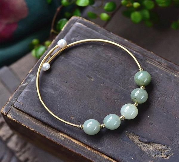 Bracciale con perline rotonde in pietra di giada verde Bracciale con perle naturali in filo d'oro 14K con avvolgimento gioielli fai da te fatti a mano per la donna2488569