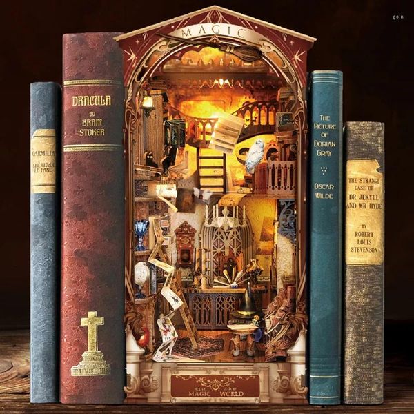 Dekoratif Figürinler Retro Diy Ahşap Kitap Köşe Raf Ekle Minyatür Kitler Magic World Kitaplık Ev Kitap Dekoru Yetişkin El Yapımı