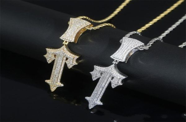 Colares Pingente Hip Hop Completa Pavimentada Iced Out Bling 5A Cubic Zirconia Carta Encantos Cz Cruz Espada Charme Colar Para Homens Menino Rock1258480