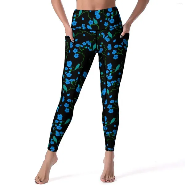 Calças ativas pássaros bonitos leggings flores azuis impressão correndo yoga cintura alta doce esporte bolsos design elástico legging