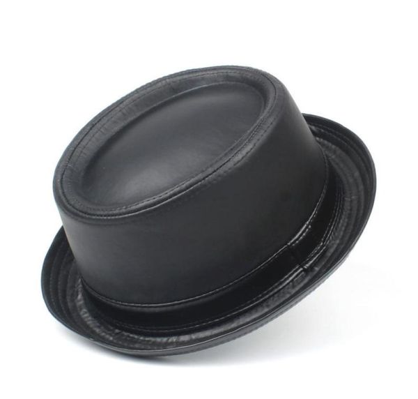 100 Cuero Hombres Balck Pork Pie Para Papá Fedora Fasgion Gentleman Flat Bowler Porkpie Top Hat Tamaño S M L XL33695022012411