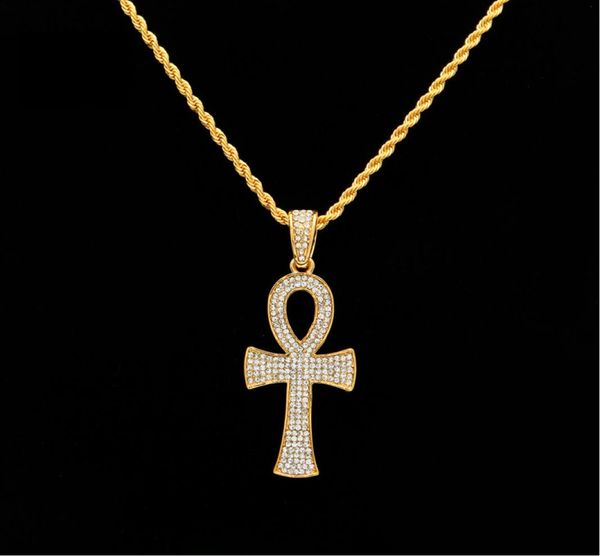 Hiphop Egyptian Ankh Key necklaces Gold&Silver Bling Rhinestone Crystal Crucifix Pendant Necklace For mens Hip Hop Party Jewelry8411160