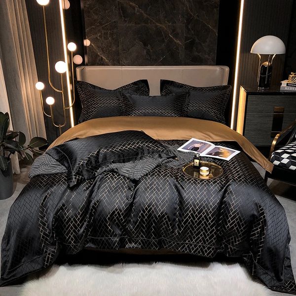 Set di biancheria da letto di lusso in oro nero filato jacquard in cotone egiziano set di biancheria da letto in raso liscio copripiumino lenzuolo con angoli piatti federe 4 pezzi 231212