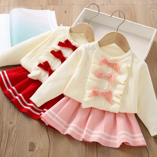 Комплекты одежды, свитер для девочек, зимний комплект с бантом для маленьких девочек, модный вязаный кардиган с длинными рукавами, юбка из двух предметов