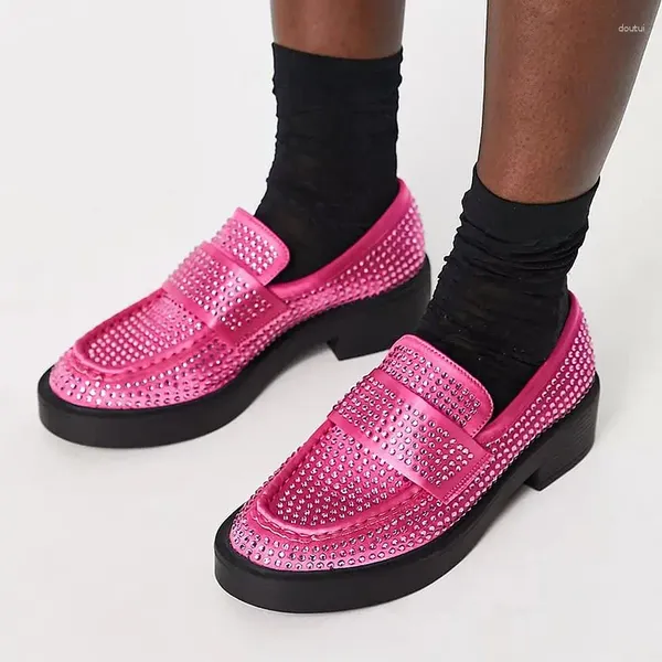 Sapatos de vestido redondo dedo do pé mocassins bombas elegantes strass casual bloco saltos plataforma sola de borracha deslizamento-on rosa escritório calçados femininos