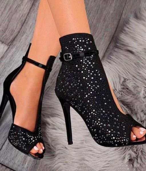 11 cm schwarzer Strass-Peep-Toe-Stiefelette, modische Luxus-Designer-Damenschuhe, Damen-High-Heels-Pumps, Größe 35 bis 409855355