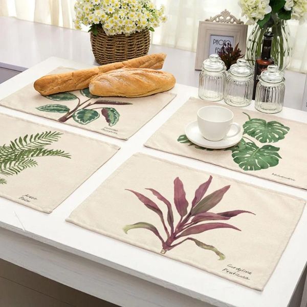 Tapetes de mesa com estampa de folha de palmeira, para jantar, folhas verdes, copo po, casa, restaurante, decoração, talheres, guardanapos