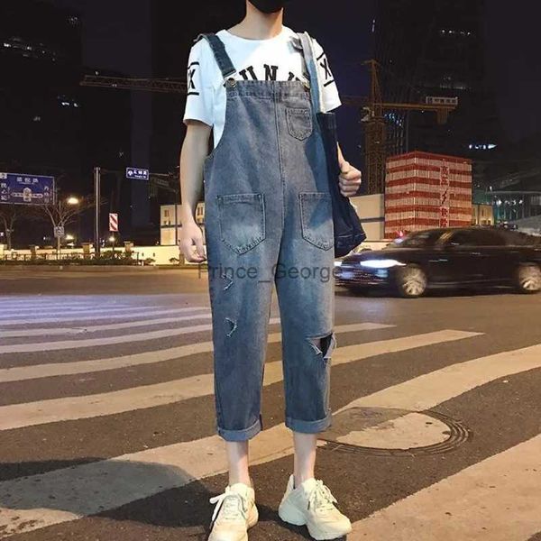 Jeans masculinos macacão jeans masculino rasgado moda macacão solto homem nove pontos calças suspensórios masculinos calças buraco streetwear vintage novo S-5XLL231213