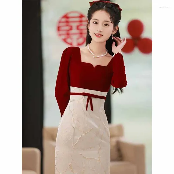 Ethnische Kleidung Sexy gewickeltes Hüftkleid Herbst Winter Samt Slim Cheongsam Braut Verlobung Hochzeit Toast Kleidung Vintage Elegante Party