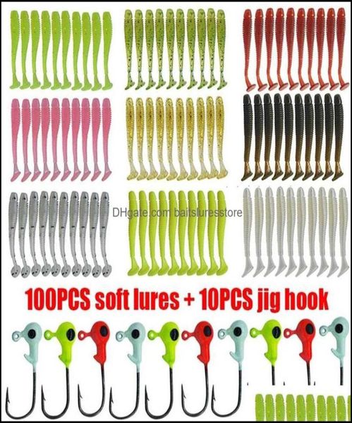 Iscas de iscas de pesca esportes ao ar livre 110pcs LOTE LUGE Jigging Wobblers Bait Soft Conjunto 5cm 0 7g Bass Grub tackle Dhiyo5184819