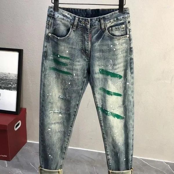 Jeans da uomo strappati pantaloni da cowboy da uomo rotti con fori pantaloni stampa elasticizzata vestiti strappati affusolati elastici Y2k anni 2000 cotone Kpop
