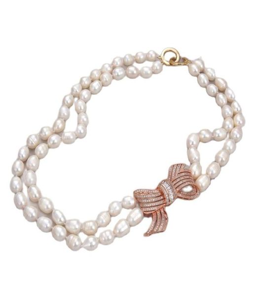 GuaiGuai Gioielli 2 Fili di Perle di Riso Bianco Collana con Ciondolo CZ Fatto a Mano per Le Donne Vere Gemme di Pietra Lady Gioielli di Moda2581065