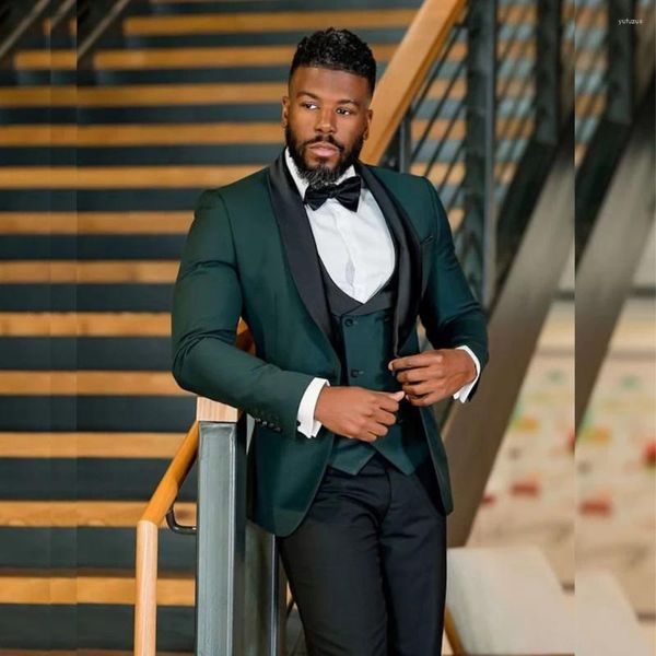 Ternos masculinos de luxo casamento blazer verde ropa hombre preto xale lapela único breasted 2 peça jaqueta calças colete fino ajuste alfaiate