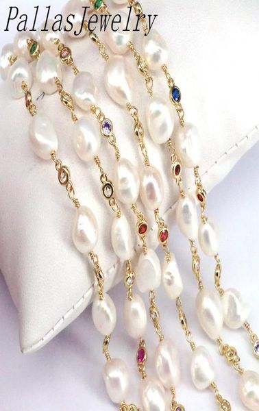 Metri Est Perla d'acqua dolce naturale Catena colorata CZ Perle di rosario riempite d'oro per catene di bracciali collana6917555