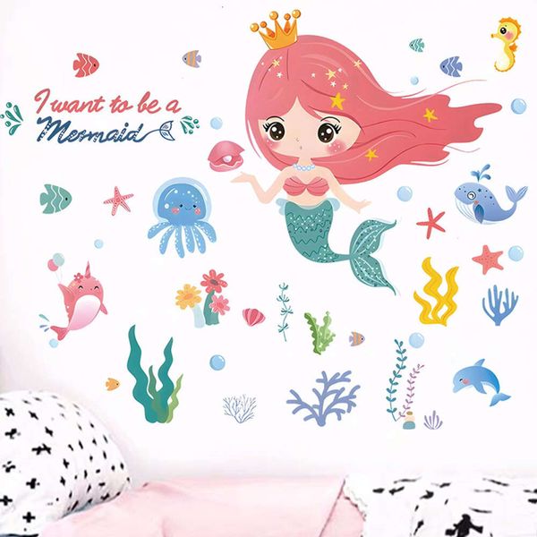 Cartoon Sirena Creature sottomarine Adesivi murali pesce per ragazza Camera dei bambini Decalcomanie da muro per la scuola materna del bambino Adesivi decorativi per la casa in PVC