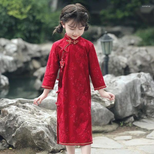 Abbigliamento etnico Stile cinese Ragazze di fiore Retro pizzo Cheongsam Bambini eleganti Manica lunga Qipao Bambini Abito da sera per feste Abiti vintage