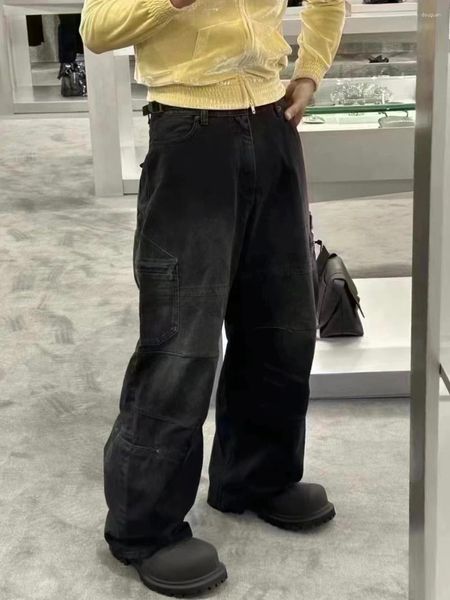 Jeans masculinos lavados preto denim lenhador carga reta perna larga multi bolso calças de trabalho de alta qualidade unsex