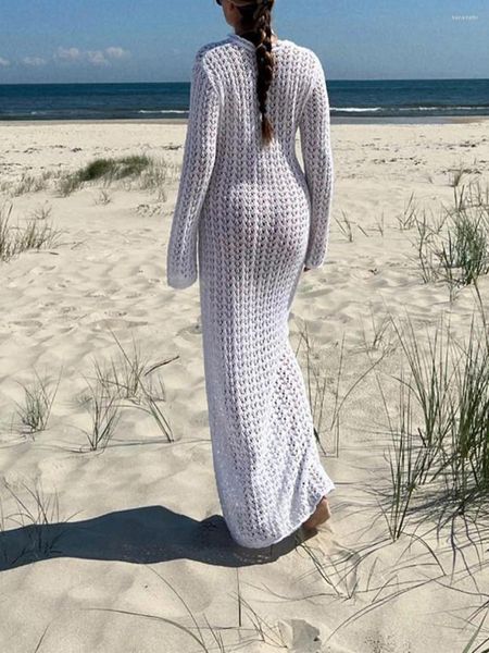 Damen-Bademode, Damen-Y2k-Häkel-Maxi-Cover-Up-Kleid, langärmelig, durchsichtig, ausgehöhlt, schmal gestrickt, Strand-Bademode