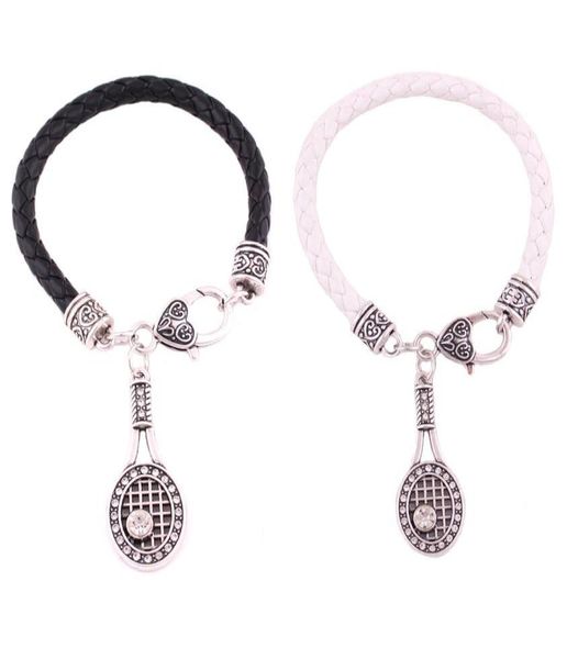 Infinity Love Crystal Tennisschläger mit Ball Charme Pendent Armbänder Weihnachtsgeschenke Frauen Modes schwarz weiße Lederarmbänder 3790592