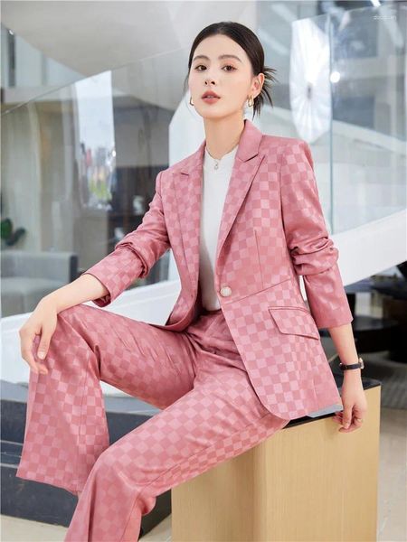 Damen Zweiteilige Hosenanzüge Herbstkollektion 2 Blazer und Sets Langarm Büro Damen Outfit Rosa karierte Hose Arbeitskleidung