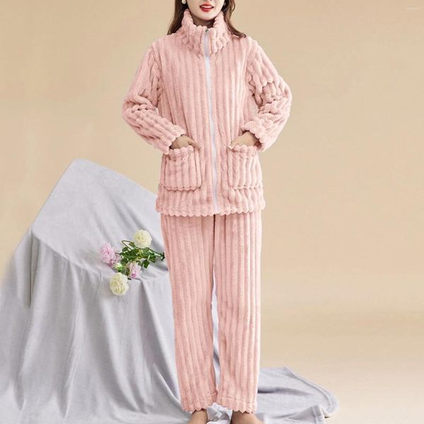 Homens sleepwear pijamas de inverno mulheres fuzzy pijama conjunto quente fofo manga longa plush loungewear bolsos térmicos nightwear 2023