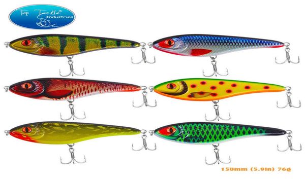 Yeni 150mm 76g Muskie Pike Kalite Kısaltma Yem Yavaş Batan Yapay Sert Jerkbait Balıkçılık Cazibesi Teneke Güçlendirilmiş Tiz Kancalar7662864