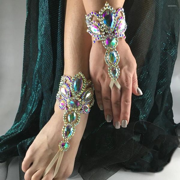 Braccialetti a maglie Semplice colorato strass braccialetto con dito catena decorazione esagerata danza del ventre braccialetto alla caviglia in cristallo set di gioielli per