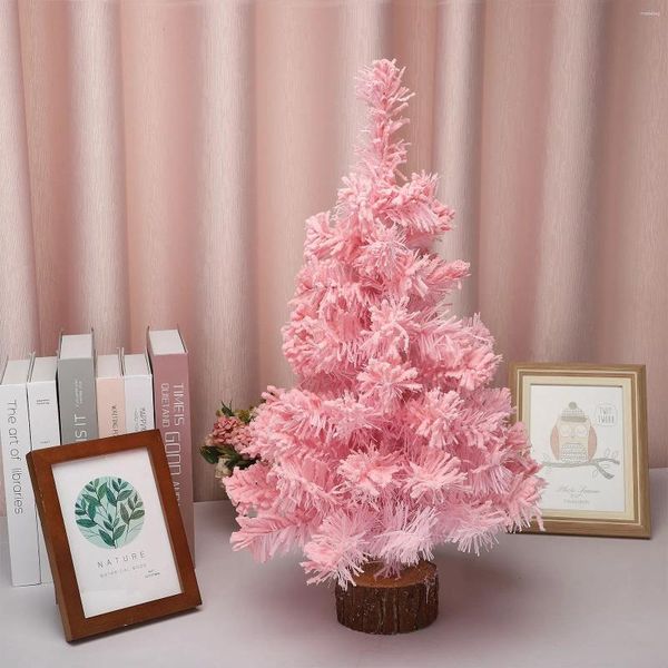 Weihnachtsdekorationen, Simulation, rosafarbener Mini-Baum mit Holzblocksockel, künstliche Beflockung, Desktop-Ornamente, Weihnachtsdekoration für Zuhause und Büro