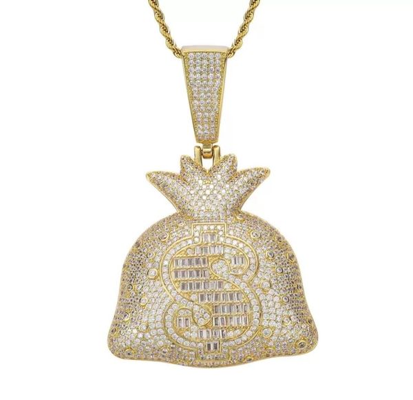 Bling 18k ouro cifrão saco de dinheiro colar conjunto de jóias zircônia cúbica diamante hip hop colares carteira pingente feminino masculino stainl5795244