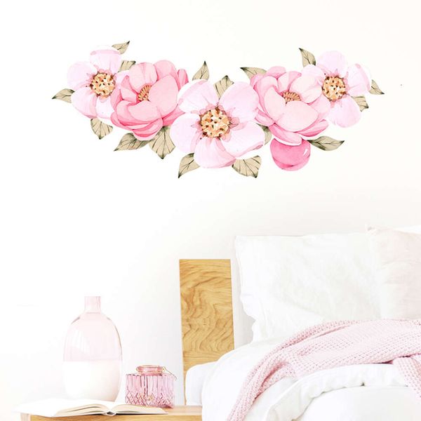 Estilo de pintura à mão macio rosa peônia flores adesivos de parede para quarto das crianças sala estar menina casa adesivos decorativos decalques parede mural