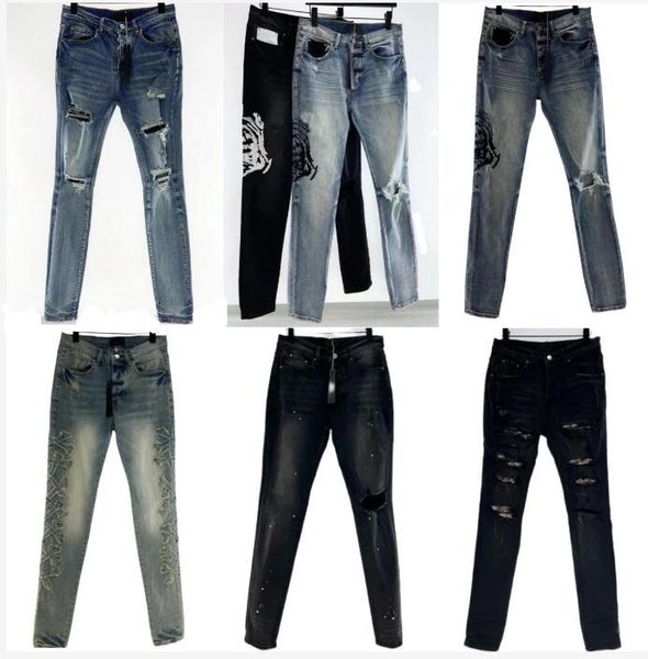 Jeans viola da uomo firmati Pantaloni Jean Hombre Uomo Ricamo Patchwork Strappato Pantaloni da motociclista di marca Mens Skinny strappati per pantaloni vintage di tendenza