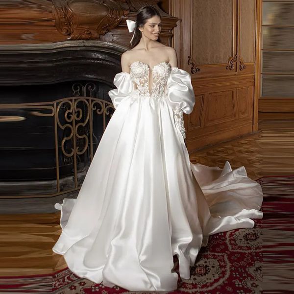 Abito da sposa con applicazioni di pizzo a cuore sexy in raso per le donne Maniche a sbuffo Vestido De Novia Abito da sposa su misura 328 328