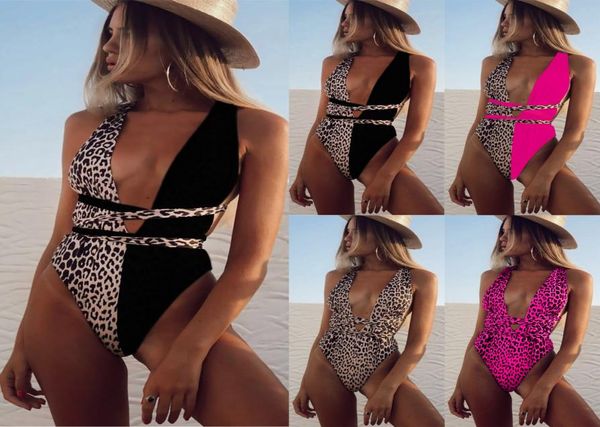 Sexy leopardo Bikini trajes de una pieza para mujer vendaje traje de baño femenino Hollowout negro Halter String traje de baño señoras Bikinis Swim5705474