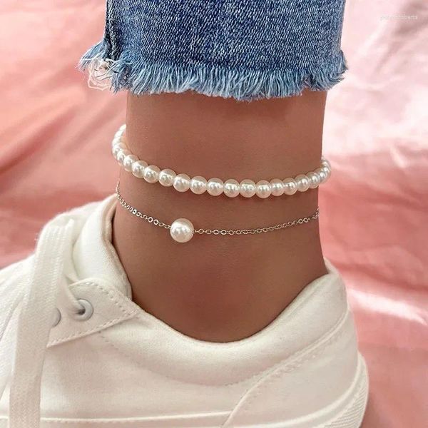 Baumeln Ohrringe Mode Perle Doppel Schichten Fußkettchen Frauen Armband Strand Imitation Barfuß Sandale Bein Kette Fuß Schmuck