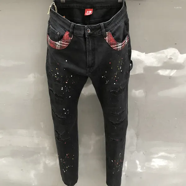 Erkekler Kot Sonbahar Retro Yırtık Punk Düğmesi 2023 Erkek Motosiklet Pantolon Pantolon Pantalon Homme Street