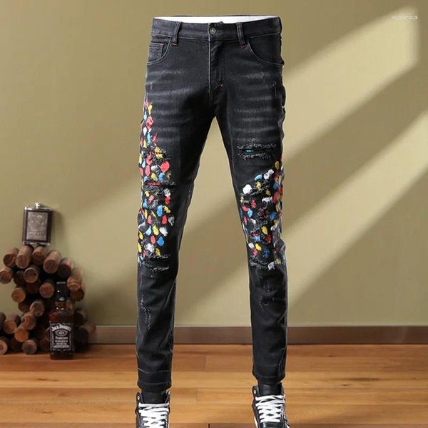 Erkekler Kot 2023 Erkekler Renkli Sıçrama Mürekkep Pantolon İnce Fit Jean High Street Hip Hop Sıska Motosiklet Pantolon Pantolon