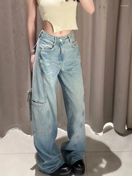 Jeans da donna HOUZHOU Y2k Blu Cargo Donna High Street Pantaloni in denim a gamba larga Coreano Streetwear Vintage Lavato Estetico Patchwork