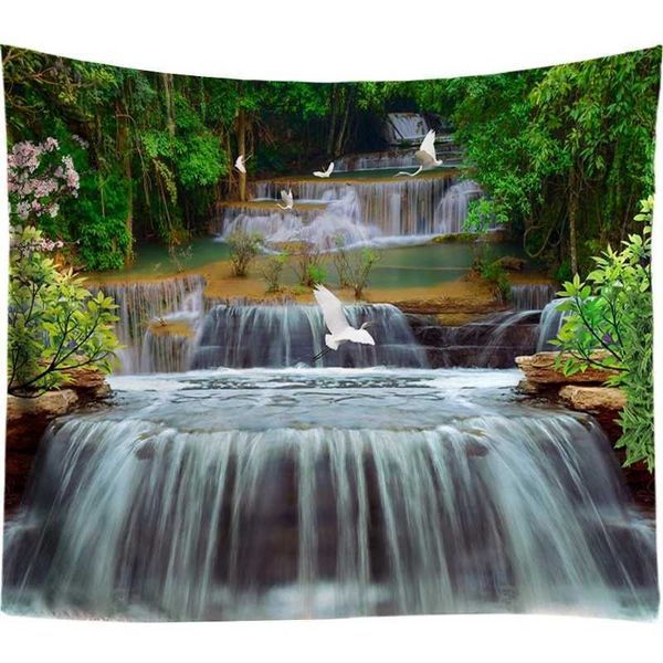 Tapeçarias Cachoeira Paraíso Lago Floresta Voando Pombo Branco Paisagem Chinesa Tapeçaria Tapeçaria de Lótus Pendurada na Parede para Decoração de Casa Quedas