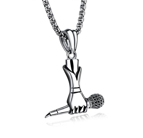 Microphone en argent avec collier à main en acier inoxydable musicien mélomane chanteur chanteur choeur rocker star hip hop bijoux 302p4762228