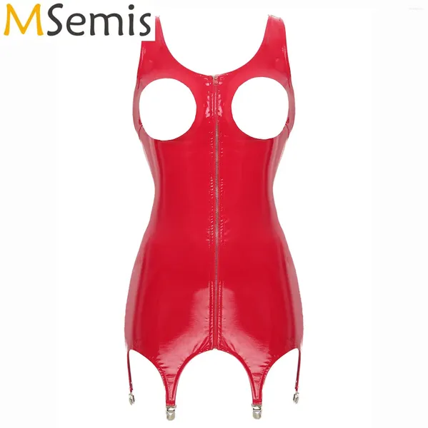 Vestidos casuais mulheres sexy vestido de copo aberto com clipes de liga zíper virilha lingerie patente couro molhado olhar oco outclubwear trajes