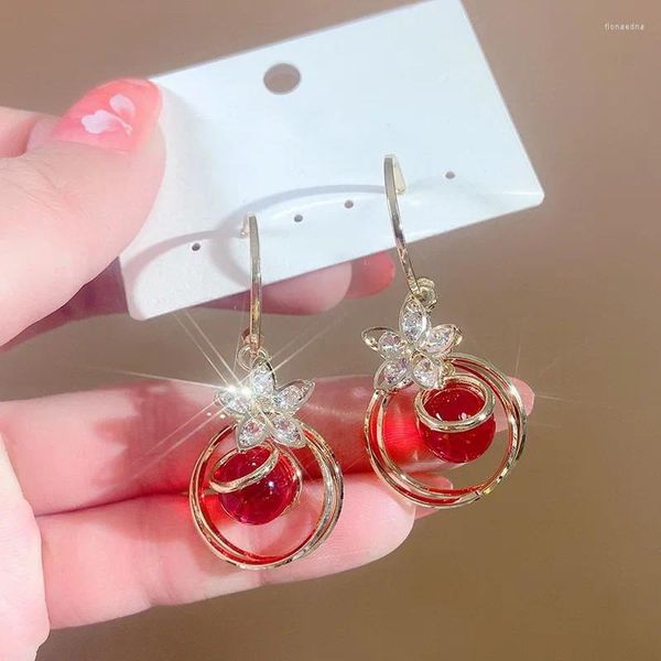Orecchini pendenti Dolce moda ciondolo fiore stella zircone rosso opale per le donne Gioielli di festival di Natale in cristallo lucido