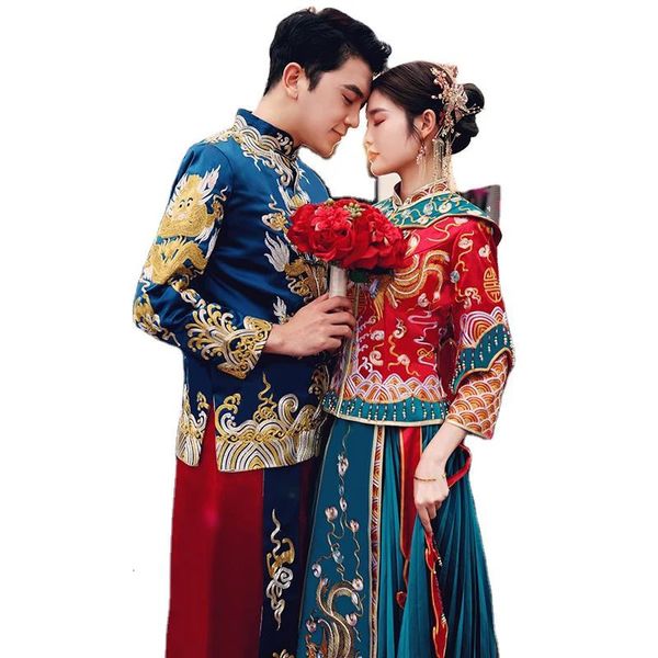 Ethnische Kleidung Xiuhe Braut Traditionelles Kostüm Chinesischer Trend Paar Kleid Hochzeitszeremonie Pavillon Asiatischer Drache Phönix Jacke Robe 231212