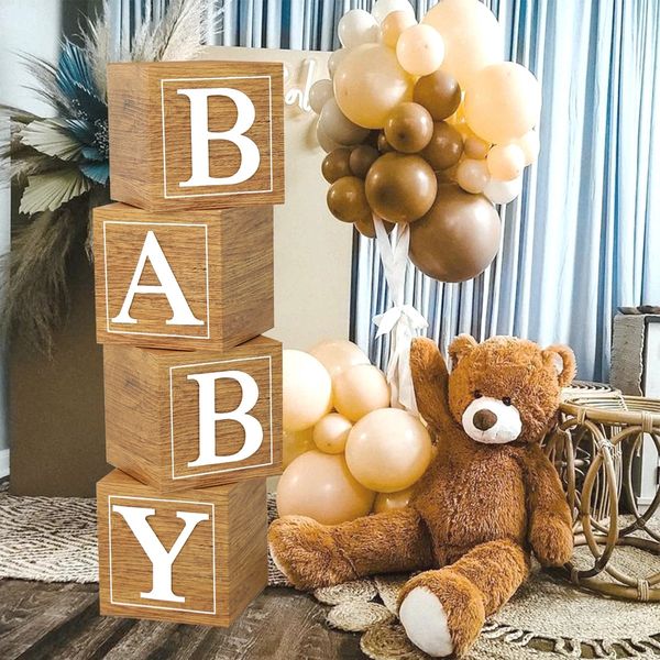 Decorazioni natalizie Venature del legno Baby Shower Box Scatole di palloncini Decorazioni per la prima festa di compleanno Bambini Teddy Bear Boy Girl Gender Reveal 231213