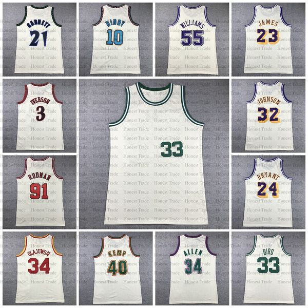 ritorno al passato 34 ALLEN 3 Allen Iverson Maglie retrò da basket 40 Shawn Kemp 33 Larry Bird Johnson JAMES Jason Williams Mike Bibby Maglie retrò color crema