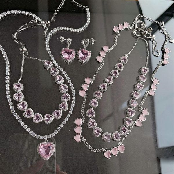 Bracciale con zirconi rosa, orecchini, collana, set, gioielli da sposa di lusso super bling, grandi pietre di cristallo, copertura in platino 18 carati, ottone297C