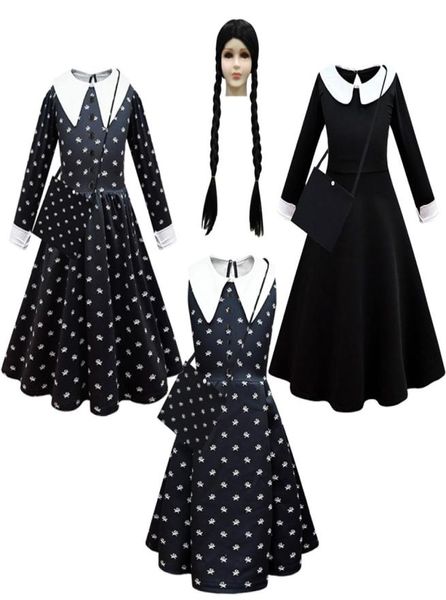 Abiti per ragazze Moda Bambini Film Mercoledì Addams Cosplay Abito da principessa e borsa per parrucca Set Ragazza Costume di Halloween Carnevale Gotico Bl4074272