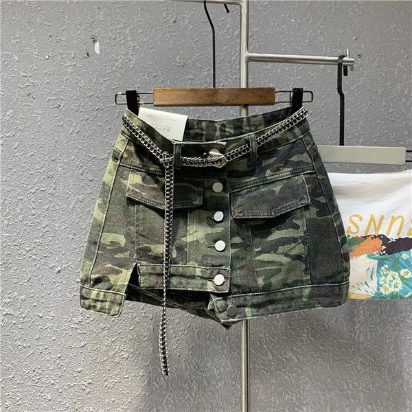 Roupas étnicas High Street Camo Meia Saia Mulheres Spicy Girl Sexy Cintura Casual Denim Bolso Curto Jean Saia 231213