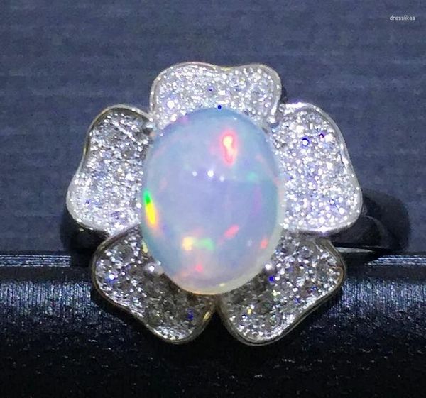 Anéis de Cluster Natural Real Branco Opala Flor Anel 925 Sterling Silver 1.1ct Gemstone para Mulheres ou Homens Dedo Fine Jewelry B5041511