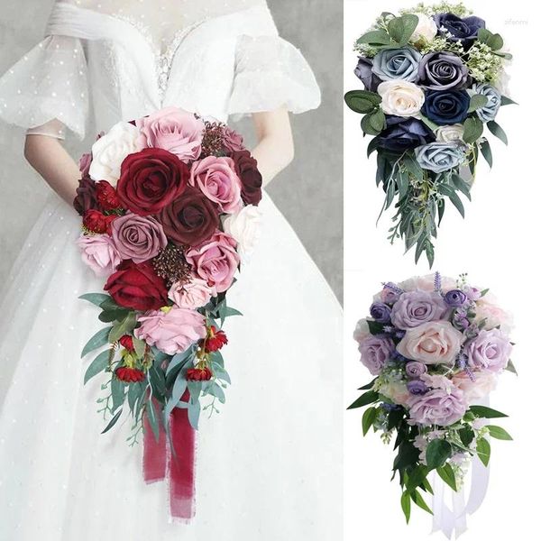 Fiori decorativi Boho Cascata Bouquet da sposa Bouquet da sposa Rosa artificiale Supporto per gocce d'acqua Decorazione paese blu polveroso